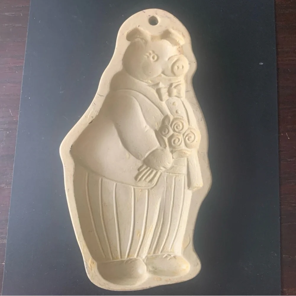 Vintage Brown Bag Cookie Art Stoneware 1994 Hill Design Craft Mold Pig Flowers